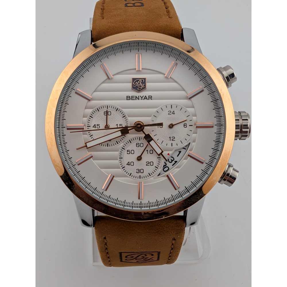 Benyar‎ Chrono Watch Men 44mm Case Brown Leather Band- New Battery